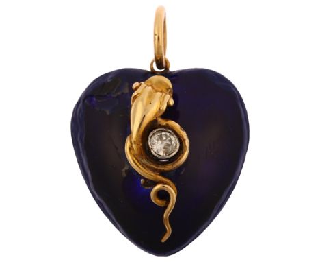 A large Victorian blue enamel and diamond coiled snake heart memorial locket pendant, circa 1880, bezel set with modern round