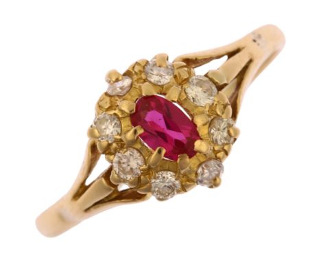 An early 20th century 18ct gold ruby and diamond oval cluster ring, set with oval mixed-cut ruby and modern round brilliant-c