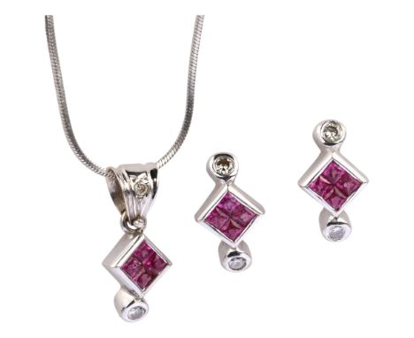 A Continental 18ct white gold ruby and diamond jewellery set, comprising pendant necklace and pair of stud earrings, set with