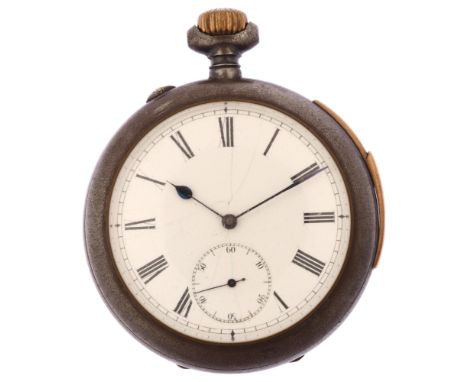 An early 20th century gun-metal open-face keyless hour repeater pocket watch, white enamel dial with Roman numeral hour marke