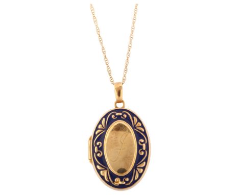 A modern 9ct gold blue enamel photo locket pendant necklace, on 9ct fine Prince of Wales link chain, pendant height 33.7mm, c