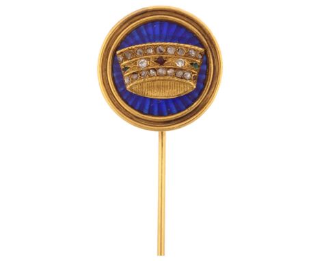 An Antique blue enamel ruby emerald and diamond crown stickpin, unmarked gold settings with engine turned guilloche ground an