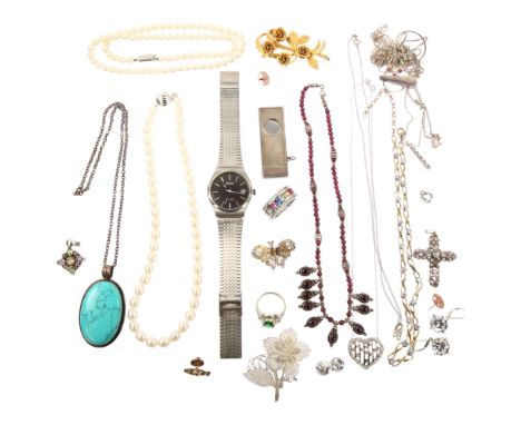 Various jewellery, including silver howlite pendant, pearl necklace, Smiths wristwatch etcLot sold as seen unless specific it