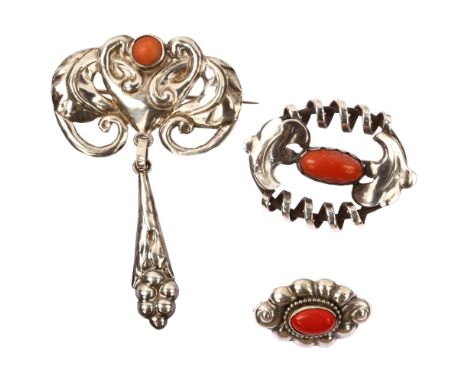 JENSEN & AKERLUND - 3 Danish Art Nouveau silver and coral brooches, largest height 75.7mm, 22.4g total (3)No damage or repair