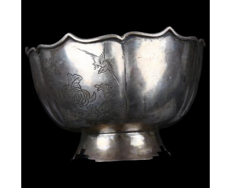 A Chinese export silver pedestal rose bowl, engraved cherry blossom and bamboo decoration, maker's marks KH probably Shanghai