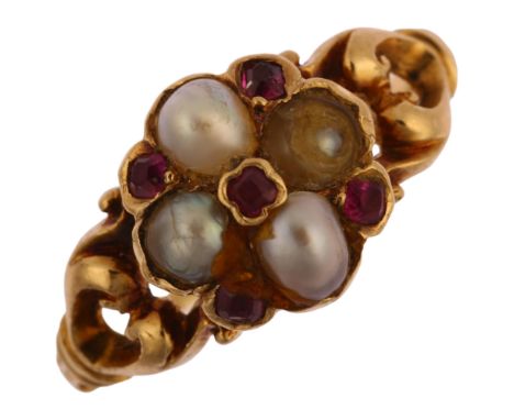 A Victorian ruby and pearl cluster ring, unmarked gold settings, with openwork foliate shoulders, setting height 10.3mm, size