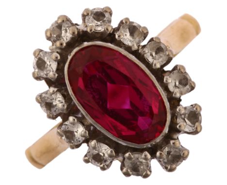 A late 20th century pink synthetic ruby and white spinel oval cluster ring, Continental gold settings, setting height 16.2mm,