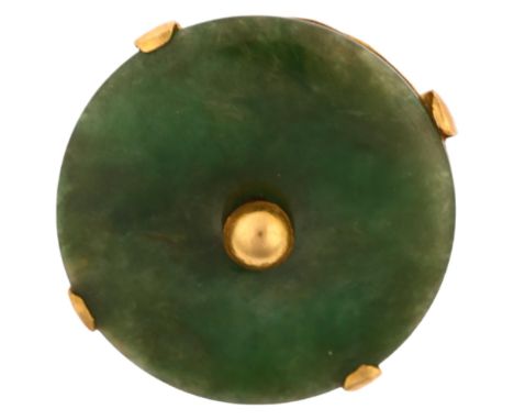 A Chinese jade Bi disc clip-on earring, unmarked high carat gold closed-back settings, diameter 17mm, 2.3gBacking has several