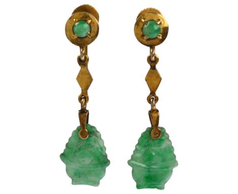 A pair of Chinese 14ct gold jade 'Basket Of Fruit' drop earrings, with circular cabochon jade screw-back fittings, earring he