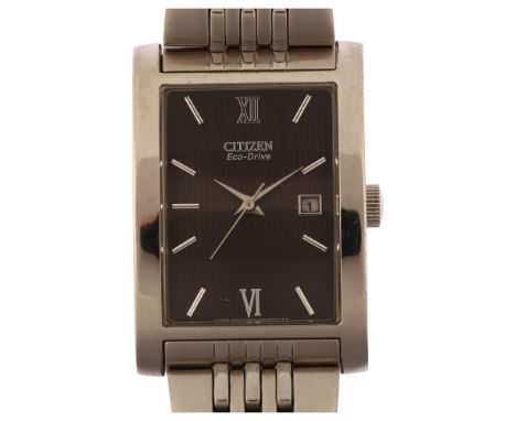 CITIZEN - a stainless steel Eco-Drive bracelet watch, ref. E011-S023971, black striped dial with silvered baton hour markers,
