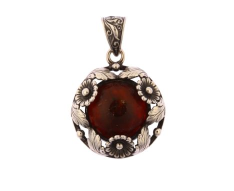 NIELS ERIK FROM - an Art Nouveau Danish sterling silver and Baltic amber floral pendant, height 35.8mm, 7.2gNo damage or repa