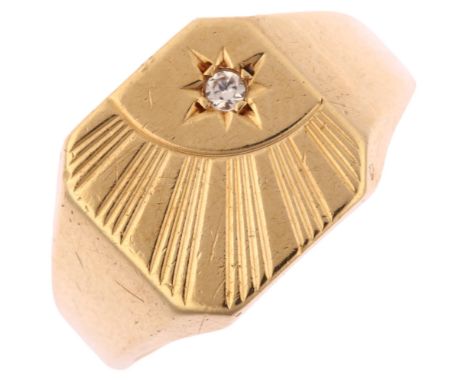 A late 20th century 9ct gold cubic zirconia sunburst signet ring, maker's marks HG, hallmarks Birmingham 1970, setting height