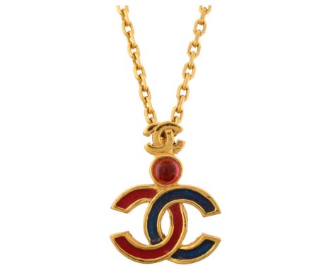 CHANEL - a Vintage gold plated paste and enamel CC logo pendant necklace, model no. 316, signed, on gold plated cable link ch