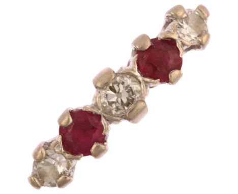 An 18ct gold graduated five stone ruby and diamond half hoop ring, set with round-cut diamond and rubies, total diamond conte