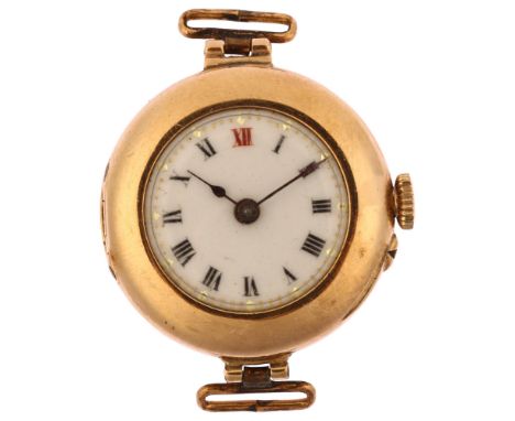 A First World War Period 9ct rose gold Officer's trench style mechanical wristwatch head, white enamel dial with Roman numera
