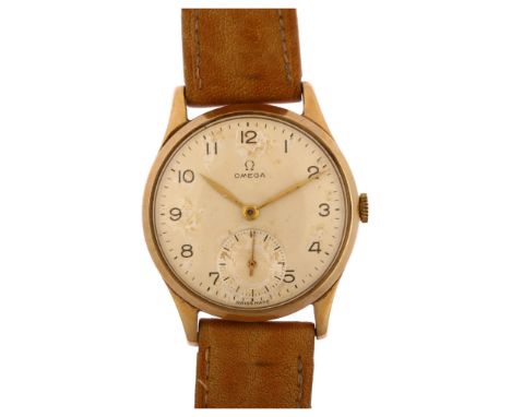 OMEGA - a Vintage 9ct gold mechanical wristwatch, ref. 13322, circa 1947, silvered dial with black Arabic numerals, gilt hand