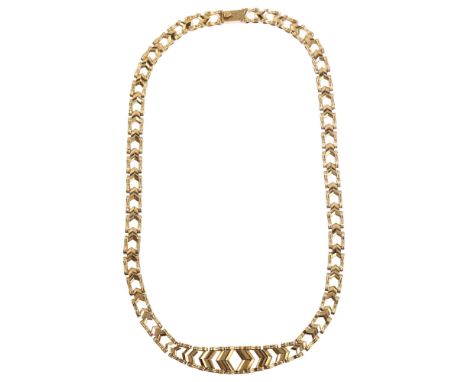 A late 20th century 9ct gold chevron necklace, maker's marks SJ, hallmarks London 1985, length 39cm, 16.6gNo damage or repair