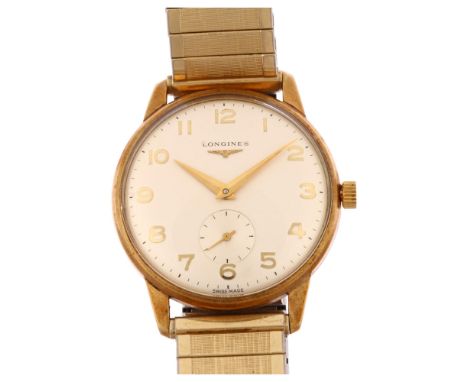 LONGINES - a 9ct gold mechanical wristwatch, circa 1966, silvered dial with gilt Arabic numerals, subsidiary seconds dial and