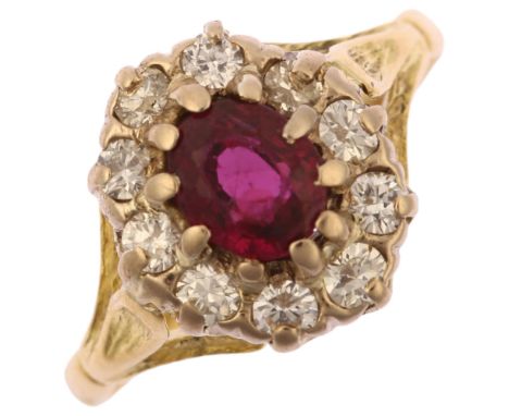 A late 20th century 18ct gold ruby and diamond oval cluster ring, set with oval mixed-cut ruby and round brilliant-cut diamon