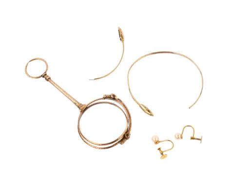 Various gold jewellery, including pair of 9k rose gold lorgnettes, maker's mark SL with candelabra, 9ct dolphin bangle (A/F),