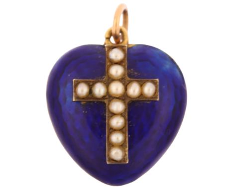 A Victorian blue enamel and pearl cross heart memorial locket pendant, circa 1860, unmarked gold settings with convex glass c