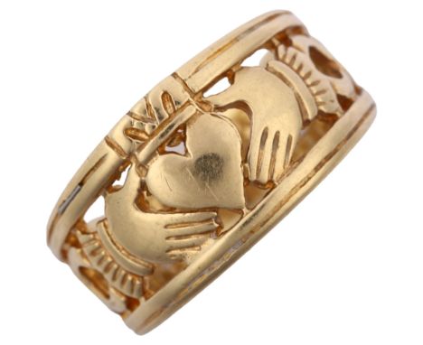 A modern 9ct gold Claddagh band ring, setting height 11.2mm, size Q, 5.2gNo damage or repair, light surface wear to high poin