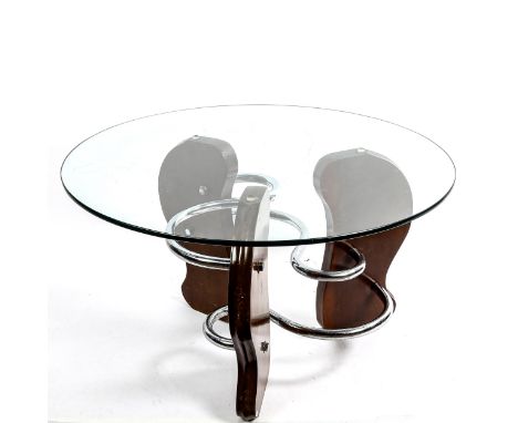 A 1930s Art Deco modernist coffee table, in the manner of DENHAM MACLAREN, 3 S-shaped chrome tubes linking solid wood upright