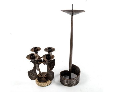 A 1970s brutalist candelabra with marble base, and a similar iron pricket candlestick, tallest 35cm 