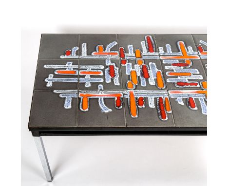 ADRI BELGIQUE, a 1960s tile-top coffee table with metal frame, signature in tile, length 93cm, width 47cm, height 41cmSlight 
