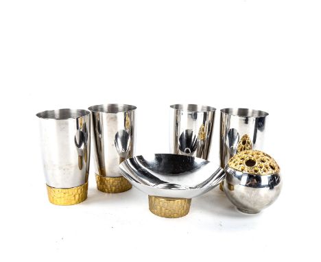 STUART DEVLIN for Viners, a set of 4 1960s brutalist stainless steel and gilt-metal beakers, a trinket dish, and a posy holde
