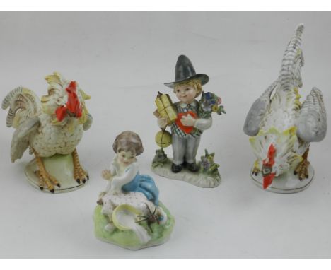 A Royal Worcester porcelain figurine, Little Miss Muffet, h:12cm, together with a pair of Continental porcelain models of coc