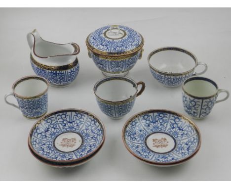 Barr Flight & Barr cup and saucer, blue and white decoration with gilt details, together with three other cups with saucers, 