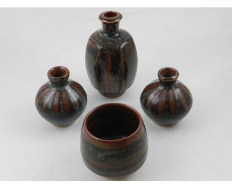 John Leach Muchelney pottery vase,  drip glazed , together with three other vases of similar design, bears impressed marks to