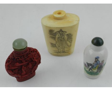 Three Chinese snuff bottles, one cinnabar with jade coloured stopper, one porclain decorated with elders riding a donkey,  an