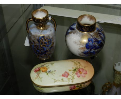 A late 19th Century Royal Worcester blush porcelain jar and cover, together with two Doulton Lambeth miniature vases
