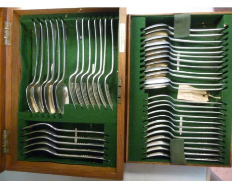 A matched set of 19th & early 20thC silver Old English pattern flatware, viz. twelve table forks, dessert forks and spoons an