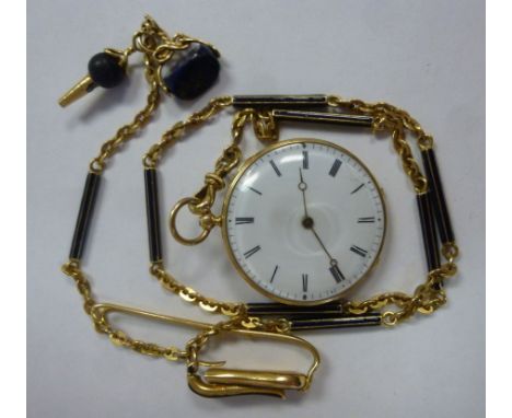 A lady's Bassot gold coloured metal, slim cased pocket watch with coloured enamel and bright cut engraved decoration, inscrib