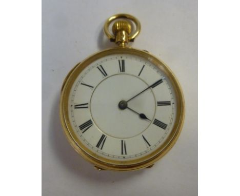 An 18ct gold cased pocket watch, the keyless movement faced by a white enamel Roman dial