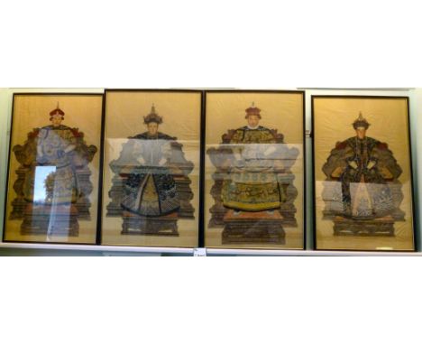 20thC Chinese School - four ancestral portrait studies, Emperors seated on thrones  guache & oil on fabric  48'' x 30'' in gl