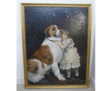 PMR - a full length portrait, a young girl wearing a white dress, cuddling a St Bernard dog  oil on canvas  bears initials & 