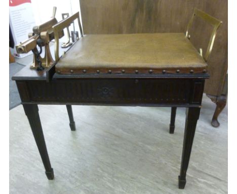 Edwardian W&T Avery oak and brass jockey scales, the box top stool with flank handles, a stud upholstered rexine seat and adj