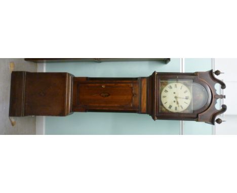 A late 18th/early 19thC crossbanded, marquetry and string inlaid oak and mahogany longcase clock, the hood having a swan neck