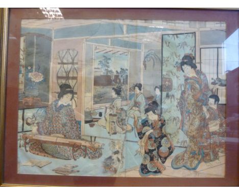 After Chikanoba - a late 19th/early 20thC Japanese coloured woodblock print, an interior domestic scene with women at recreat