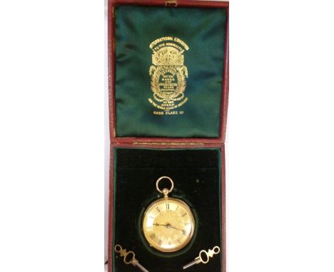 An 18ct gold cased pocket watch with bright cut engraved and engine turned decoration, inscribed on the interior, Bennett 65 