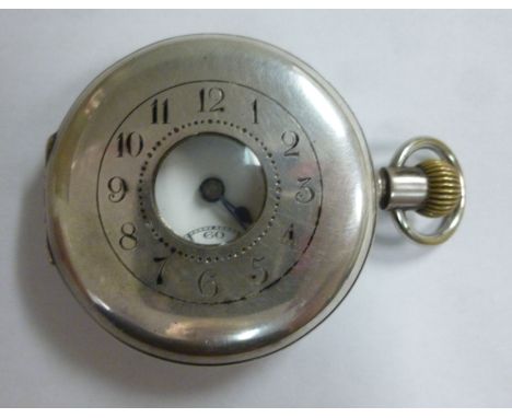 A silver cased half-hunter pocket watch, engraved with an Arabic dial around a bullseye glass window, the keyless Lagaros mov