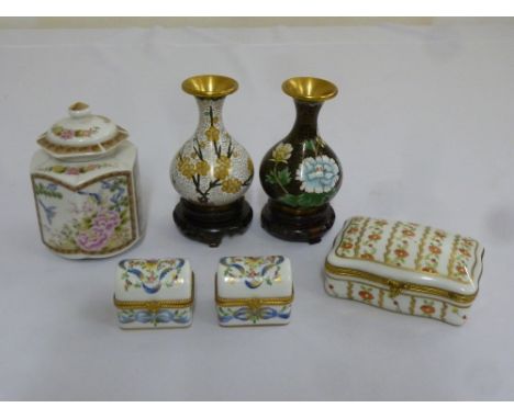 Three porcelain trinket boxes by Limoges, a pair of cloisonné vases and a Chinese tea caddy and cover