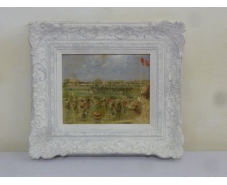 W J Beauvais framed oil on panel titled The Race Meeting, 19 x 24cm