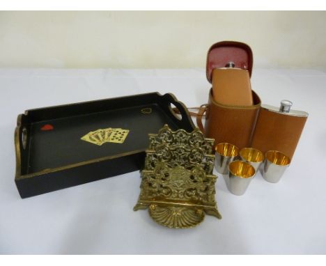 Hand painted card tray, brass letter rack and a cased hip flask with beakers