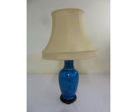Blue ground porcelain table lamp ovoid form with silk shade