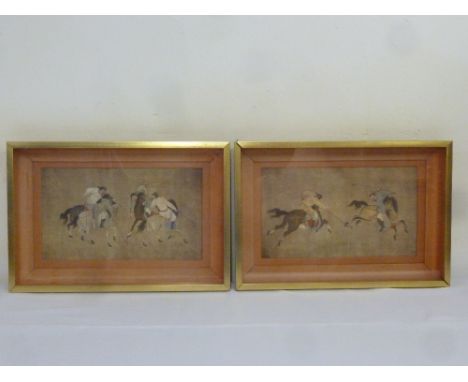 A pair of framed and glazed Oriental paintings of horsemen playing polo, 17.5 x 31.5cm